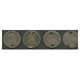 4- Mixed Seated Liberty Dimes Damaged