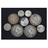 (2.25 ozt TW) 9- Mixed Foreign Coins .50-.625 Ag