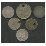 6- Mixed Three-Cent Silver Pieces and Nickels