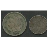 1860 Three-Cent Silver and 1876 3-Cent Nickel