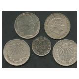 (2.24 ozt TW) 5- Mixed Foreign Coins .70-.72 Silve