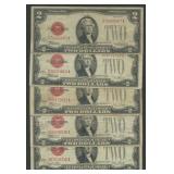 5- Mixed 1928 $2 Legal Tender Notes Red Seal