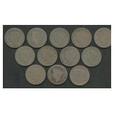 12- Mixed 1887 and 1889 Liberty Head V Nickels