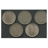 5- Mixed BetterGrade Liberty Head V Nickels