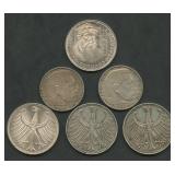 (1.95 ozt TW) 6- Mixed Germany Coins .625 Silver