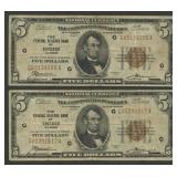 2- 1929 $5 Federal Res Bank Notes CHI FR-1850G