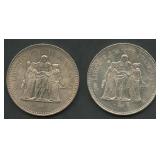 (1.92 ozt TW) 2- France 50 Francs .900 Silver