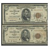 2- 1929 $5 Federal Res Bank Notes FR-1850D & F