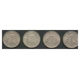 4- 1942 Walking Liberty Half Dollars Higher Grade