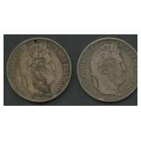 (1.57 ozt TW) 2- France 5 Francs Coins .900 Silver