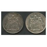 (1.60 ozt TW) 2- France 10 Francs .900 Silver