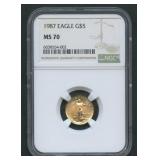 1987 $5 Gold Eagle NGC MS70 1/10th ozt .999