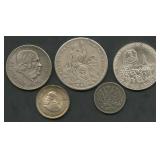 (2.17 ozt TW) 5- Mixed Foreign Coins .500 Silver