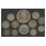 (1.21 ozt TW) 12- Mixed Foreign Coins .925 Silver