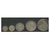 (1.46 ozt TW) 5- Mixed Foreign Coins .800 Silver