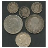 (1.42 ozt TW) 6- Mixed Foreign Coins .800 Silver