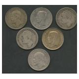 (1.42 ozt TW) 6- Mixed Foreign Coins .800 Silver