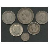 (1.41 ozt TW) 5- Mixed Foreign Coins .800 Silver
