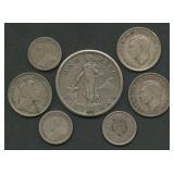 (1.42 ozt TW)  7- Mixed Foreign Coins .800 Silver