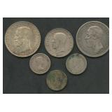 (1.42 ozt TW) 6- Mixed Foreign Coins .800 Silver