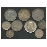 (1.42 ozt TW) 9- Mixed Foreign Coins .800 Silver