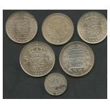 (2.66 ozt TW) 6- Mixed Sweden Coins .400 Silver