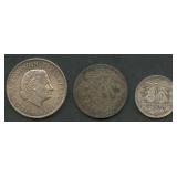 (1.60 ozt TW) 3- Mixed Foreign Coins .720 Silver