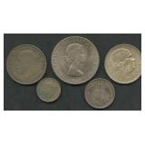 (2.07 ozt TW) 5- Mixed Foreign Coins .500 Silver