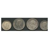(1.43 ozt TW) 4- Mixed Foreign Coins .800 Silver