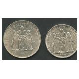 (1.76 ozt TW) 2 - France 'Hercules' .900 Silver
