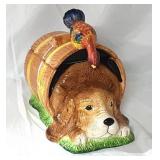 Rooster w/Dog in Wood Barrel Bucket Cookie Jar