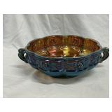 Blue & Gold Carnival Glass Candy Dish Aztec Rose