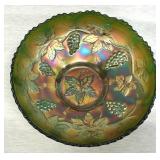 Fenton Green Carnival Glass Bowl "Vintage" Pattern