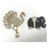 Rhinestone Flamingo & Elephant Brooches Pins
