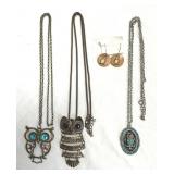 Vintage Owl Necklaces & Pierced Earrings