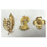 Gold Tone Dog, Leaves & Dogwood Brooches
