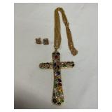 14K Italy Gold Cross Necklace Earrings Rhinestones