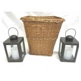 Wicker Waste Basket w/Battery Operated Lanterns
