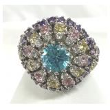 925 Rhinestone Cluster Ring Multicolor Size 8