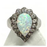 925 Opal & CZ Pear Shaped Ring Size 6 1/2