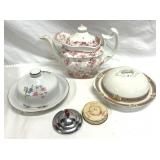 Butter Dishes, Teapot w/Chips, Etc.
