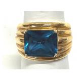 Gold Tone Ribbed Wide Band Blue Topaz Ring 925
