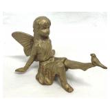 Cast Iron Gold Fairie Figurine Angel Sits w/Bird