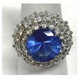 Blue Sapphire & CZ Cluster Ring Marked 925 Sz 8
