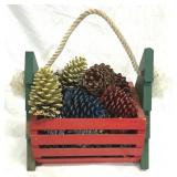 Festive Wooden Pine Tree Basket w/Pinecones