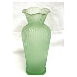 Green Satin Glass Ribbed Bud Vase 6" Tall