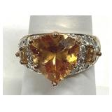 Orange Citrine Trillion Cut CZ 925 Gold Tone Ring