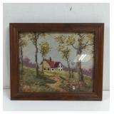 Vintage Embroidery Country House In Wood Frame