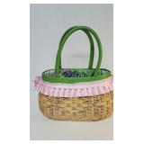 Vintage straw basket handbag with green and blue