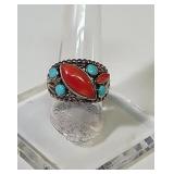 Native American Sterling Silver coral cabochon